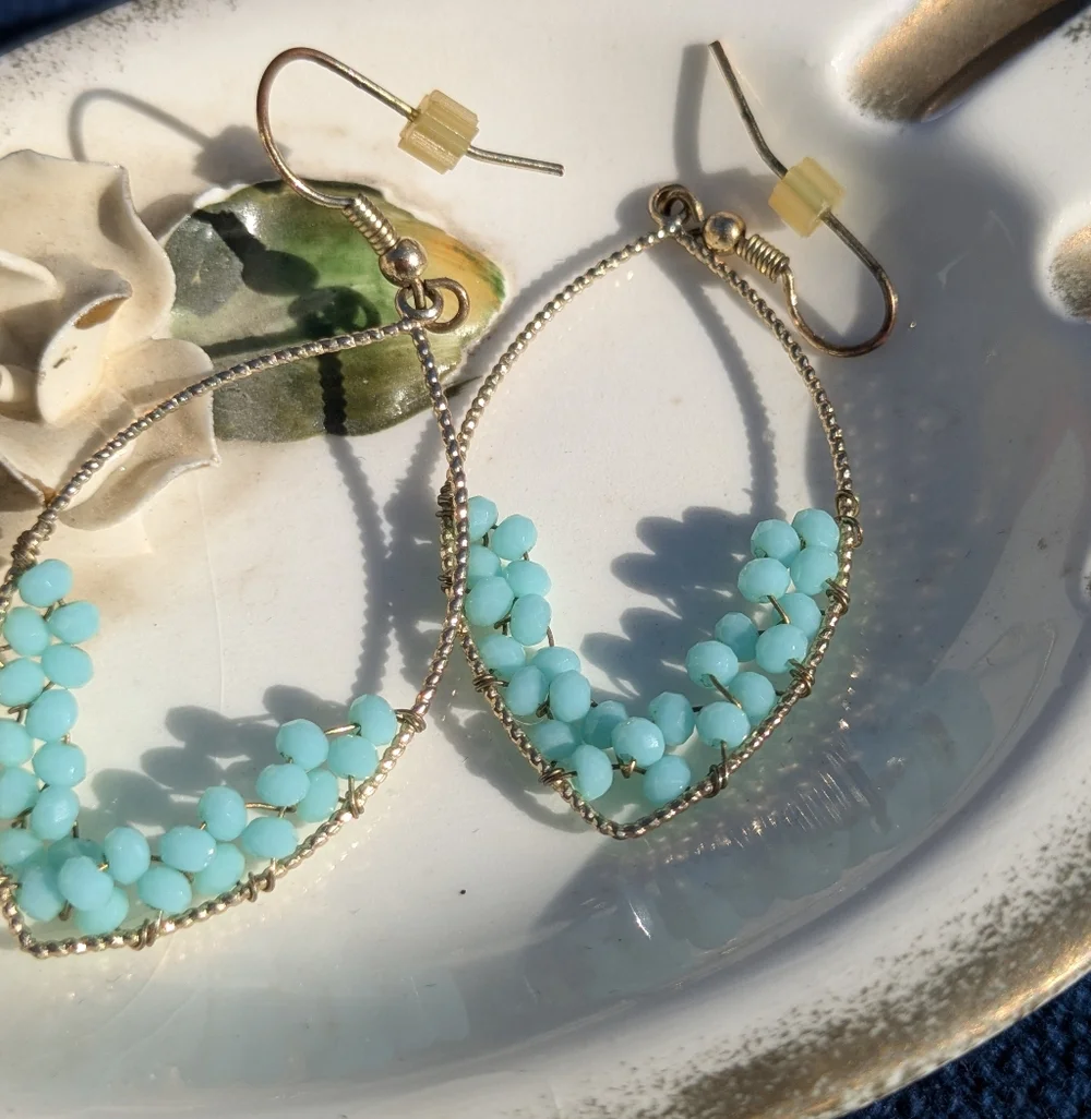 2 Pair Gold Tone Beaded Boho Dangle Beaded Earrings